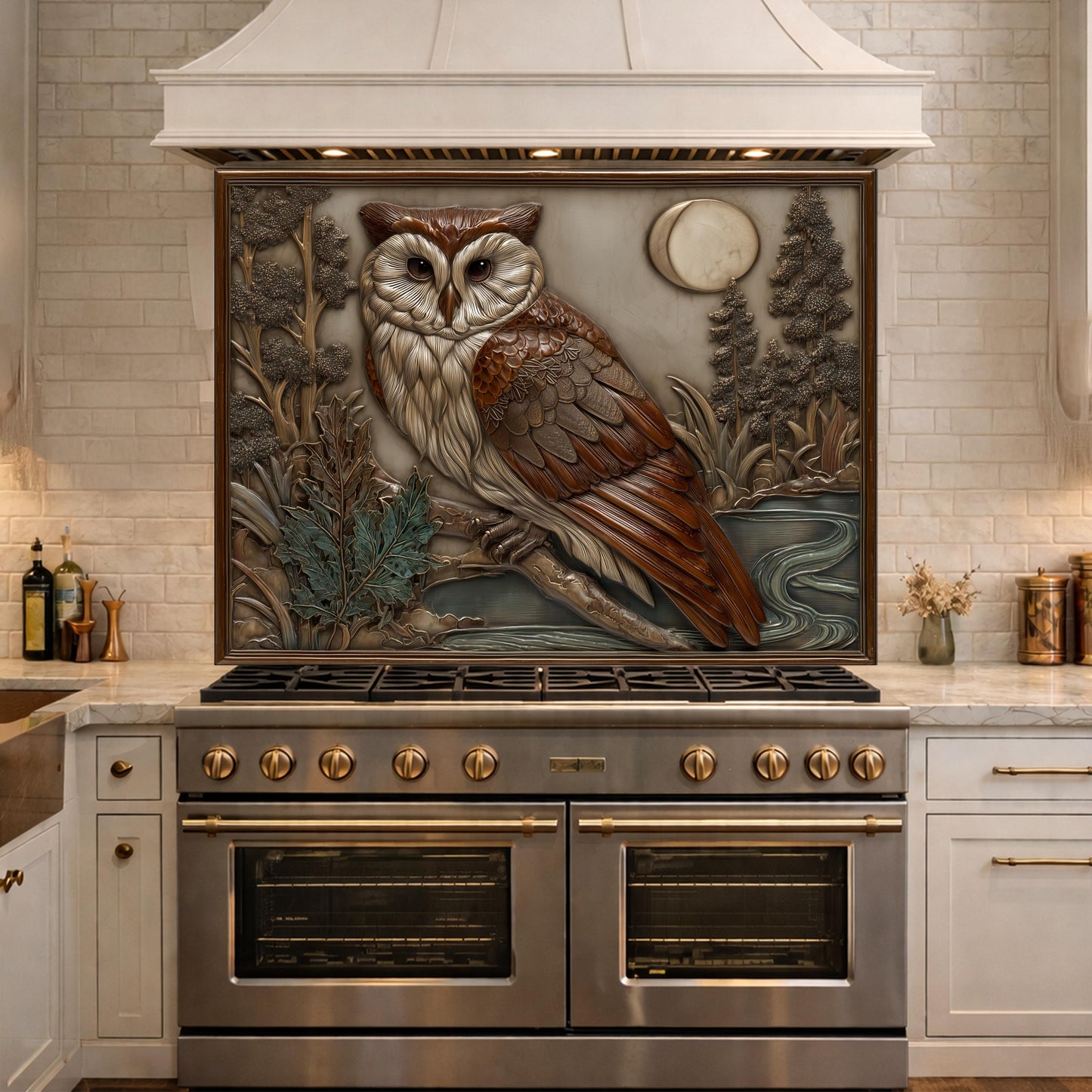 Moonlit Owl and Forest Tempered Glass Backsplash, Copper Relief Look Wall Panel