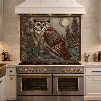 Moonlit Owl and Forest Tempered Glass Backsplash, Copper Relief Look Wall Panel