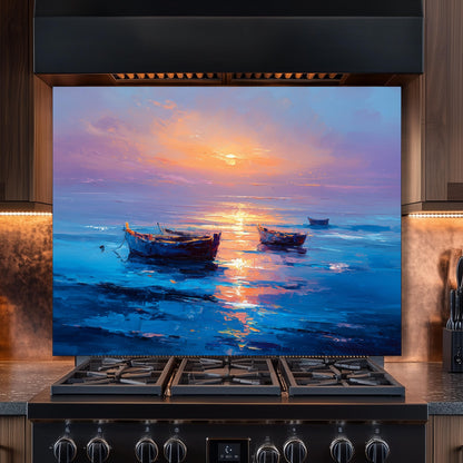 Serene Sunset Boats Tempered Glass Backsplash, Vibrant Oil Painting Style Wall Art