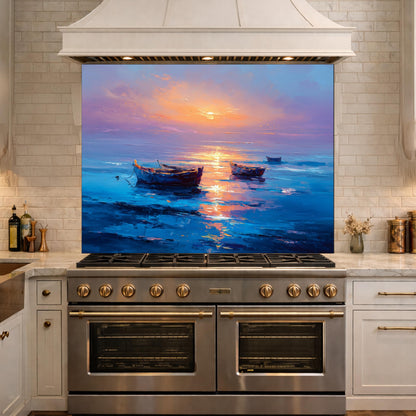 Serene Sunset Boats Tempered Glass Backsplash, Vibrant Oil Painting Style Wall Art