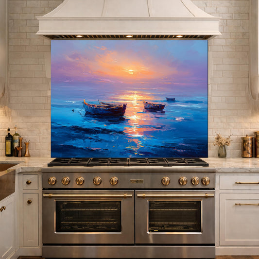 Serene Sunset Boats Tempered Glass Backsplash, Vibrant Oil Painting Style Wall Art