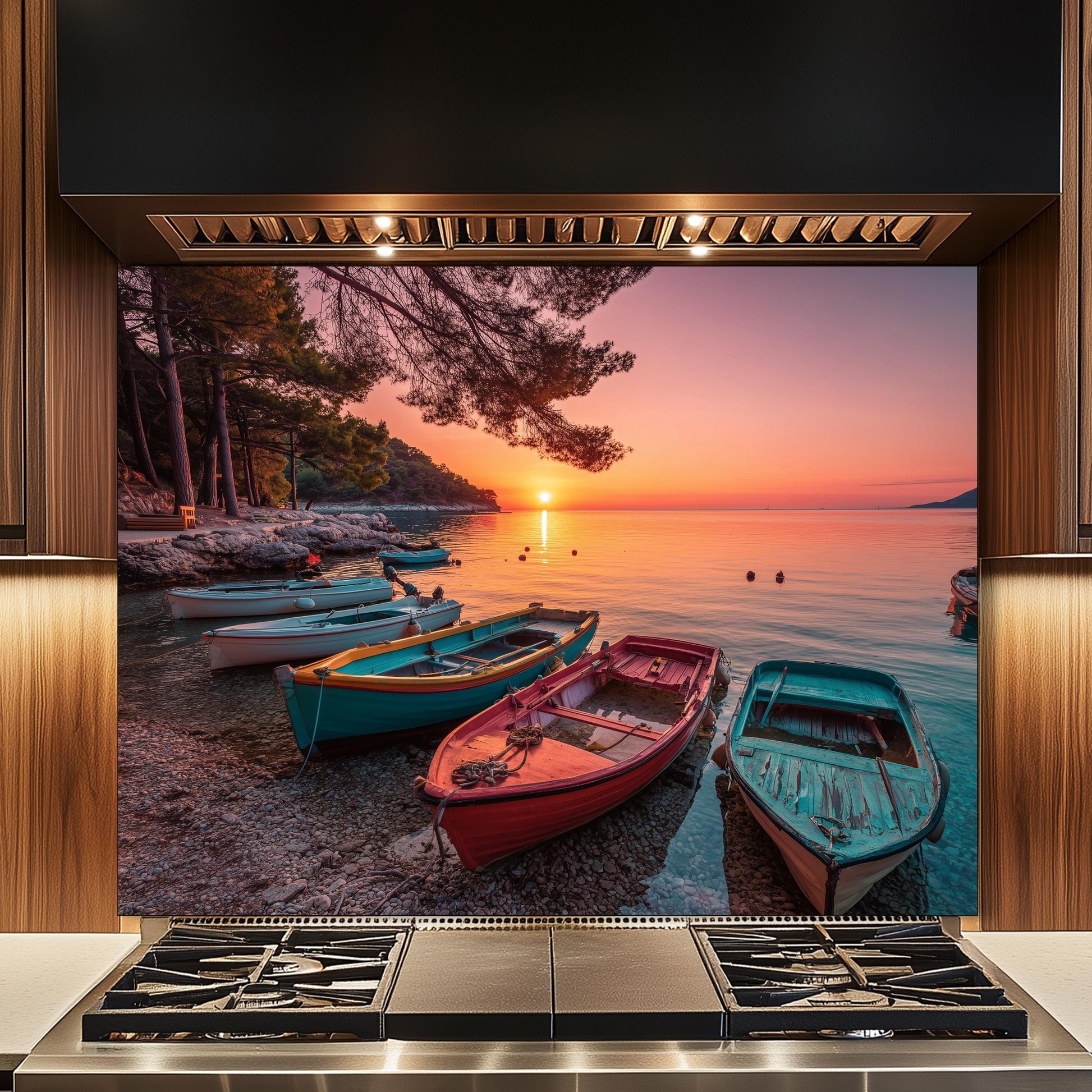 Colorful Boats at Sunset Tempered Glass Backsplash, Coastal Landscape Wall Art