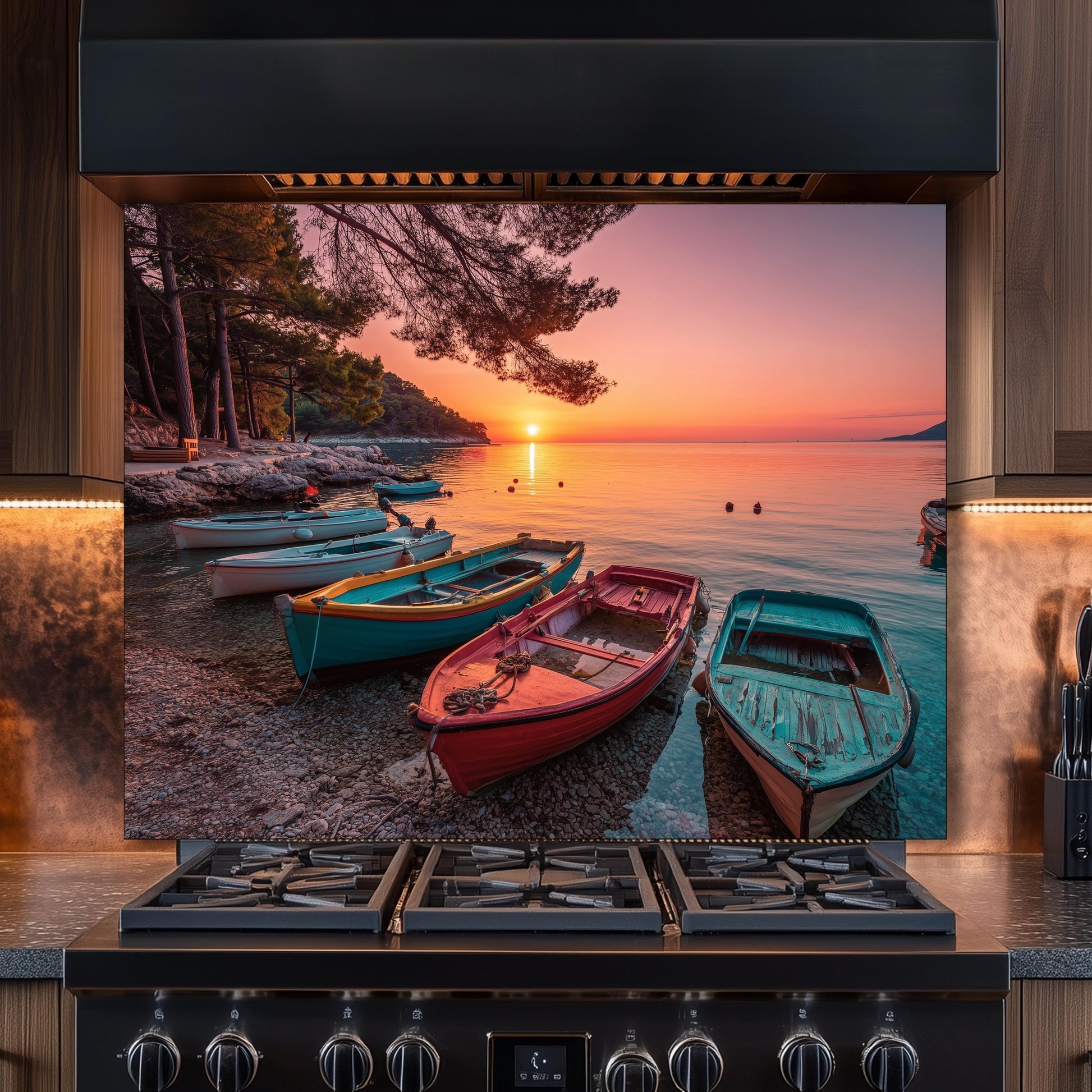 Colorful Boats at Sunset Tempered Glass Backsplash, Coastal Landscape Wall Art