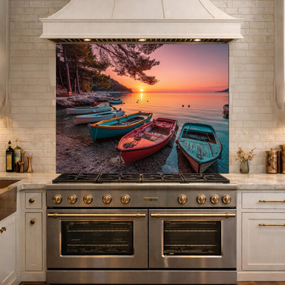 Colorful Boats at Sunset Tempered Glass Backsplash, Coastal Landscape Wall Art
