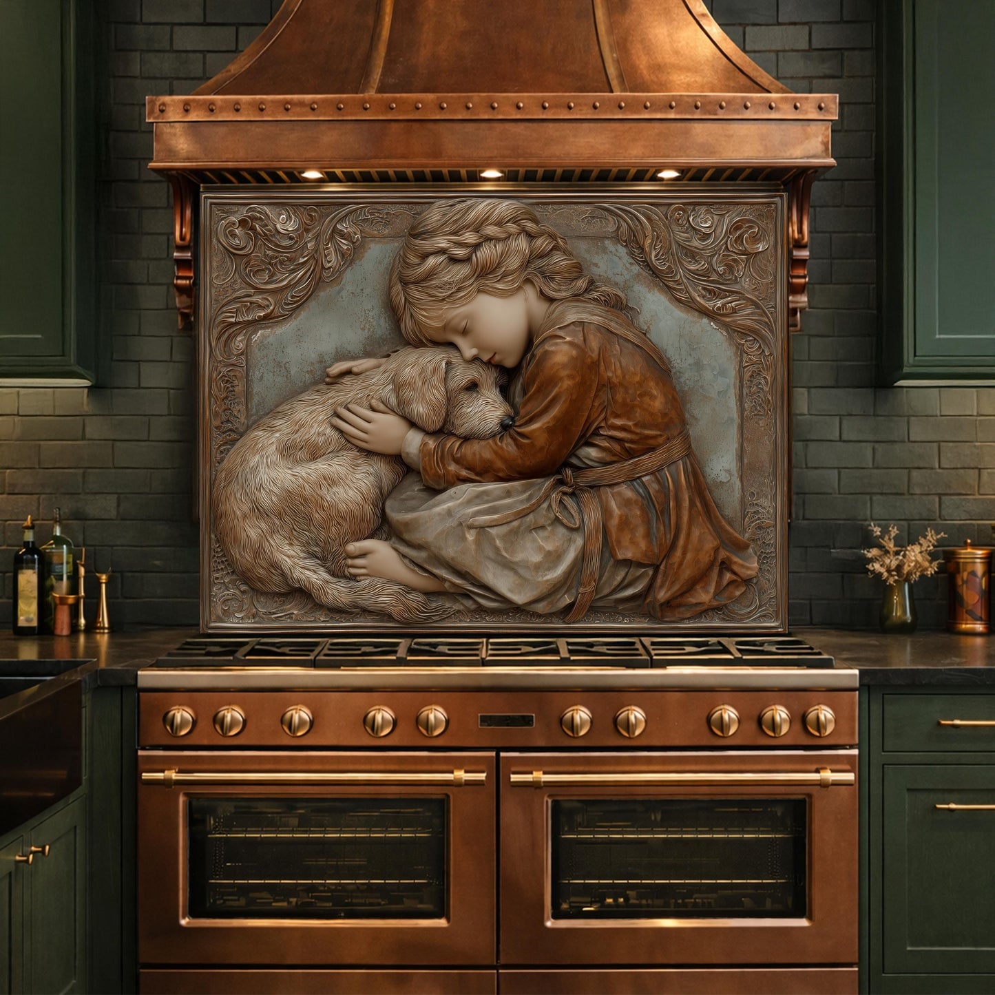 Young Girl and Golden Retriever Tempered Glass Backsplash, Copper Relief Look Wall Panel
