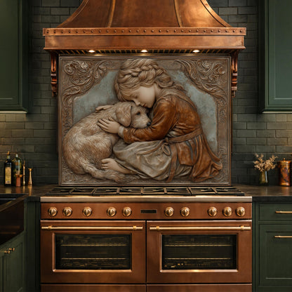 Young Girl and Golden Retriever Tempered Glass Backsplash, Copper Relief Look Wall Panel