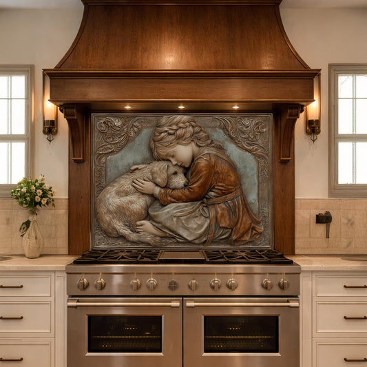 Young Girl and Golden Retriever Tempered Glass Backsplash, Copper Relief Look Wall Panel