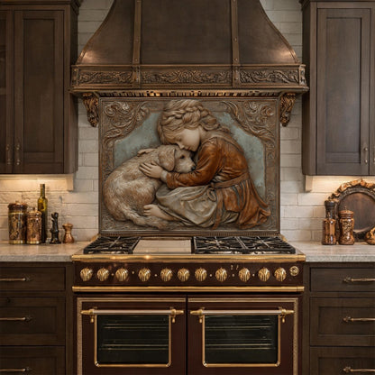 Young Girl and Golden Retriever Tempered Glass Backsplash, Copper Relief Look Wall Panel