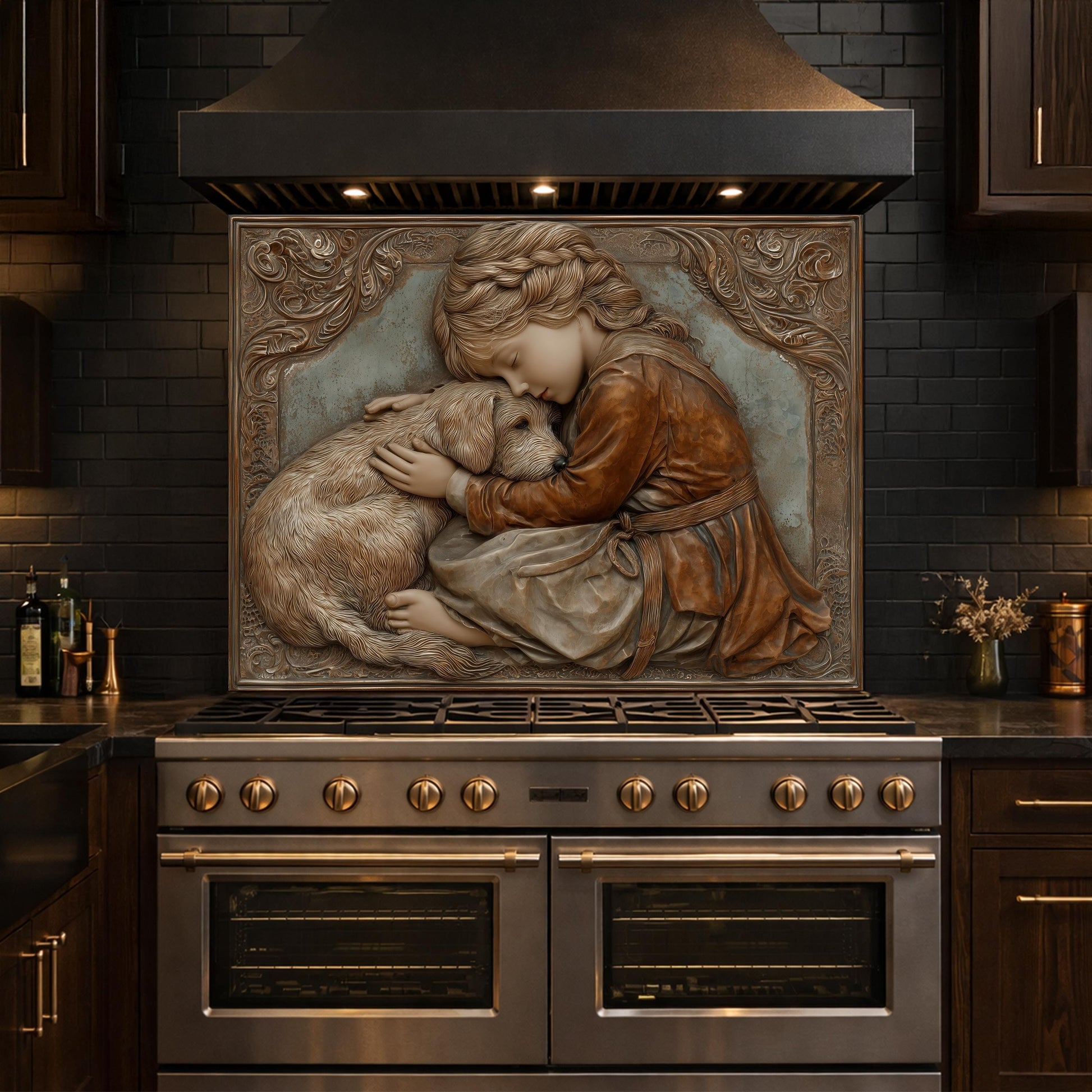 Young Girl and Golden Retriever Tempered Glass Backsplash, Copper Relief Look Wall Panel