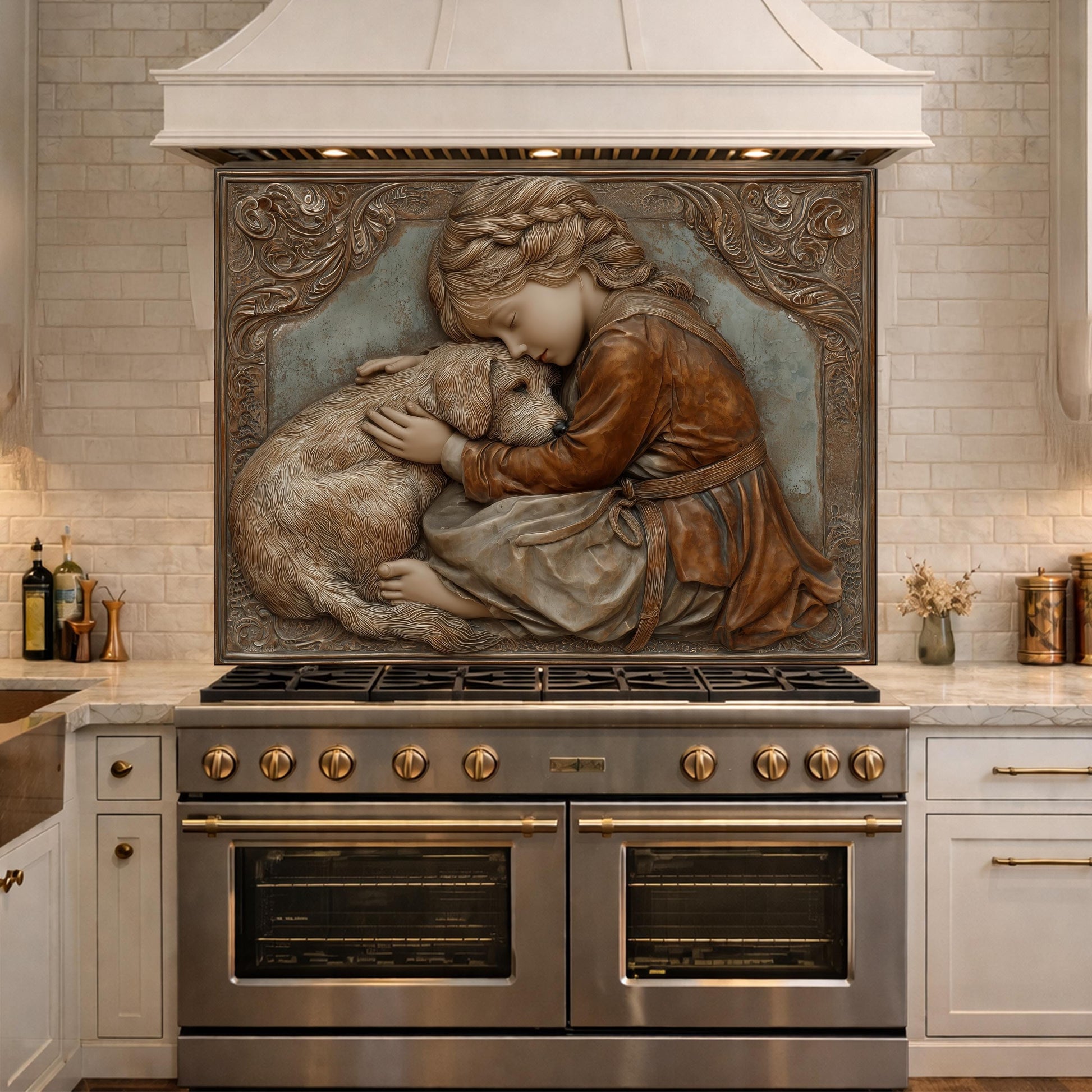 Young Girl and Golden Retriever Tempered Glass Backsplash, Copper Relief Look Wall Panel