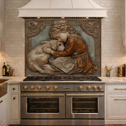 Young Girl and Golden Retriever Tempered Glass Backsplash, Copper Relief Look Wall Panel