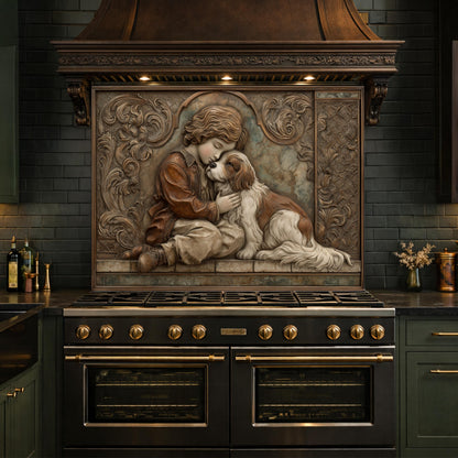 Young Boy and Spaniel Tempered Glass Backsplash, Copper Relief Look Wall Panel, Stove Guard