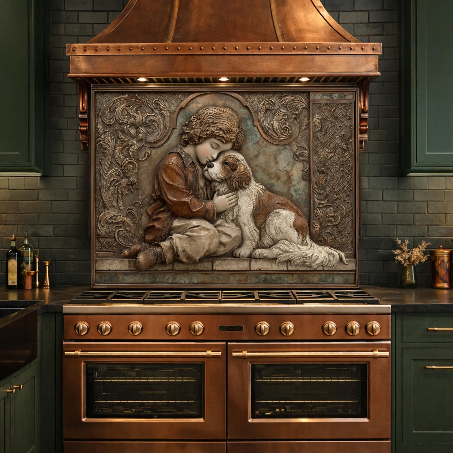 Young Boy and Spaniel Tempered Glass Backsplash, Copper Relief Look Wall Panel, Stove Guard
