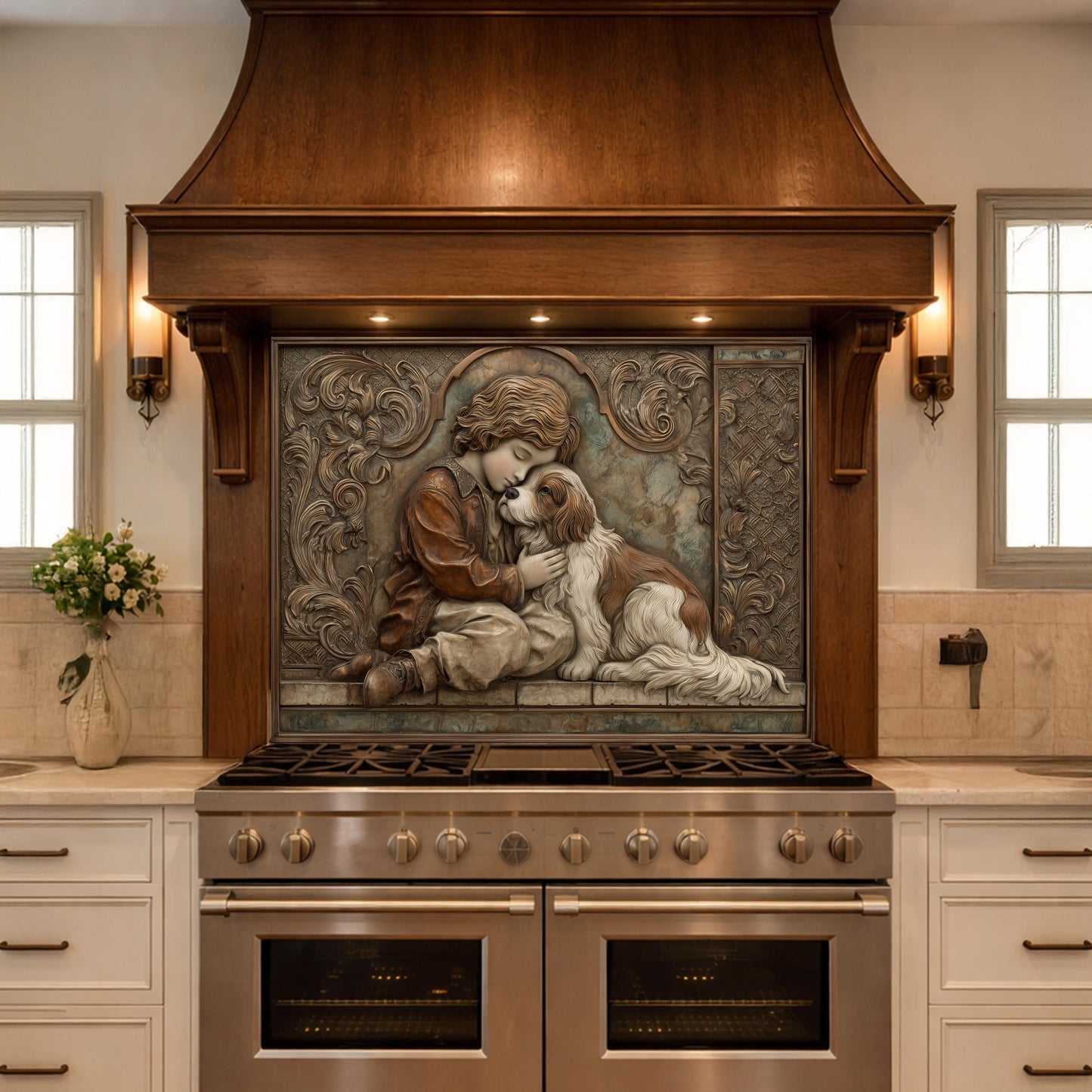 Young Boy and Spaniel Tempered Glass Backsplash, Copper Relief Look Wall Panel, Stove Guard