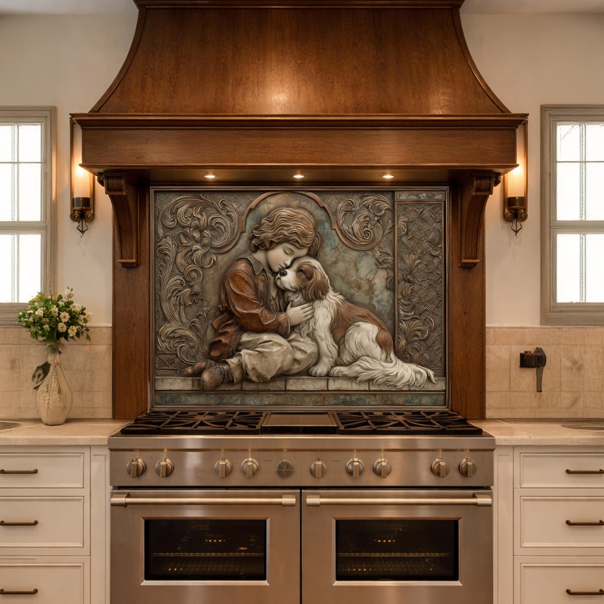 Young Boy and Spaniel Tempered Glass Backsplash, Copper Relief Look Wall Panel, Stove Guard
