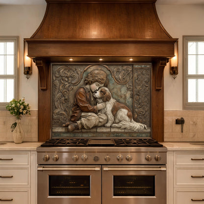 Young Boy and Spaniel Tempered Glass Backsplash, Copper Relief Look Wall Panel, Stove Guard