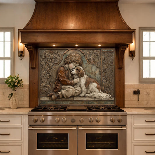 Young Boy and Spaniel Tempered Glass Backsplash, Copper Relief Look Wall Panel, Stove Guard