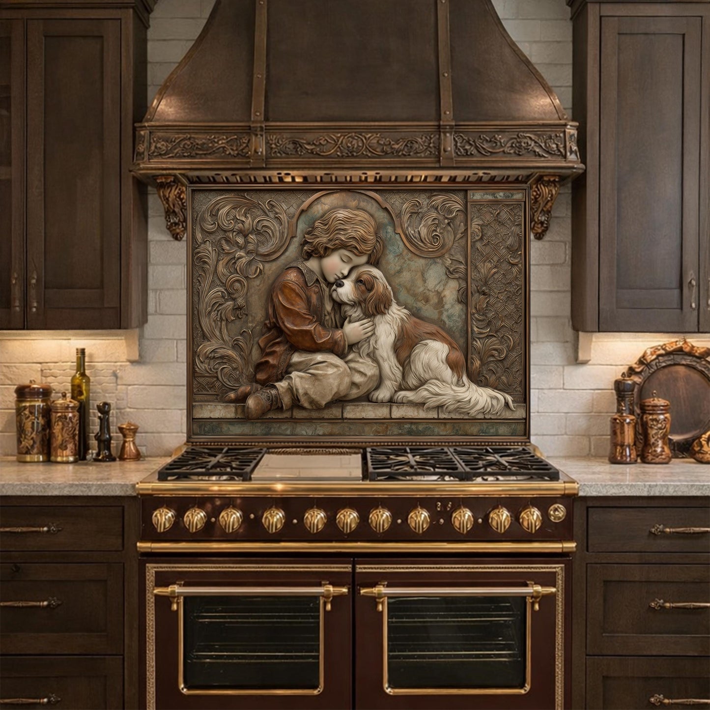 Young Boy and Spaniel Tempered Glass Backsplash, Copper Relief Look Wall Panel, Stove Guard