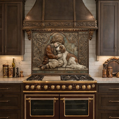Young Boy and Spaniel Tempered Glass Backsplash, Copper Relief Look Wall Panel, Stove Guard