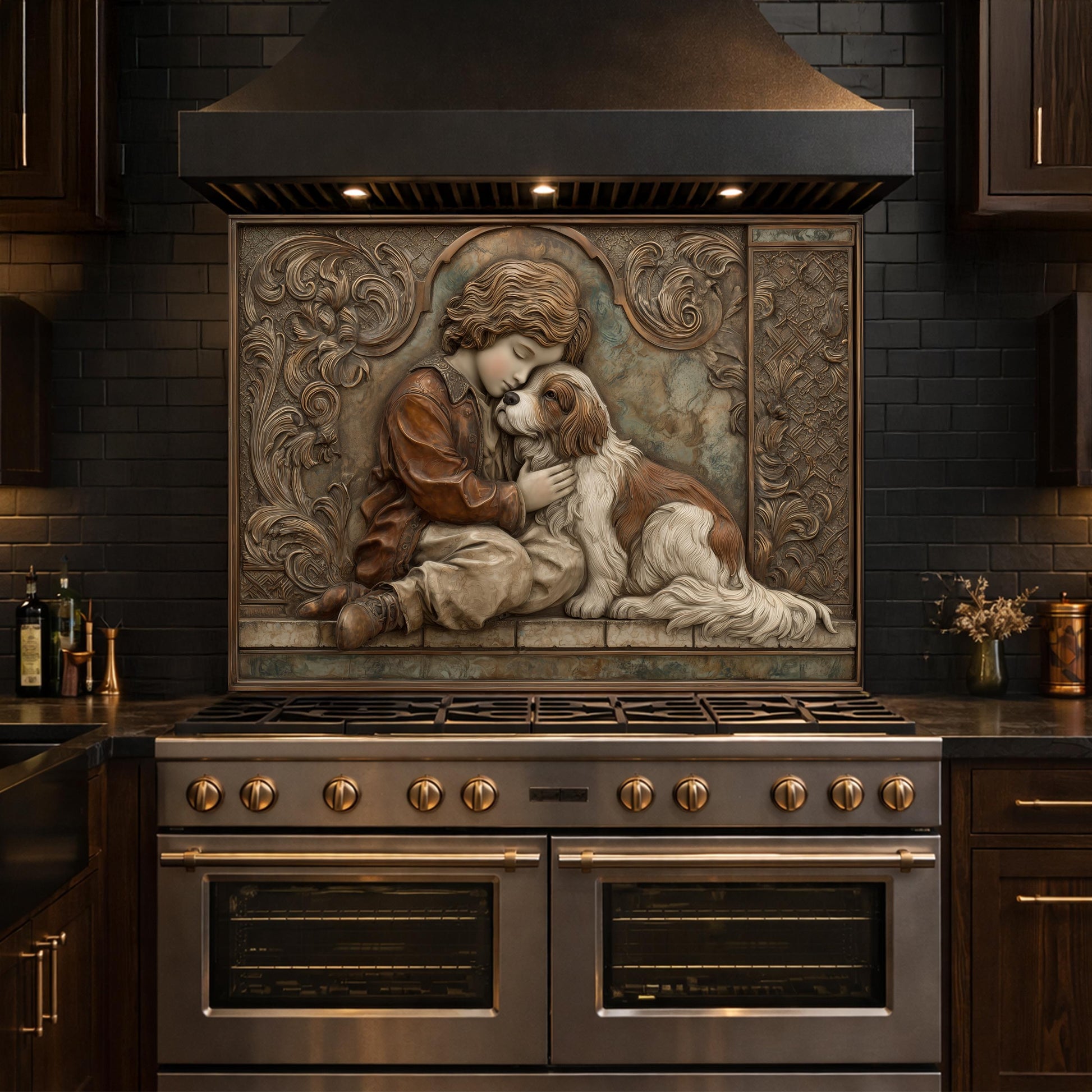 Young Boy and Spaniel Tempered Glass Backsplash, Copper Relief Look Wall Panel, Stove Guard