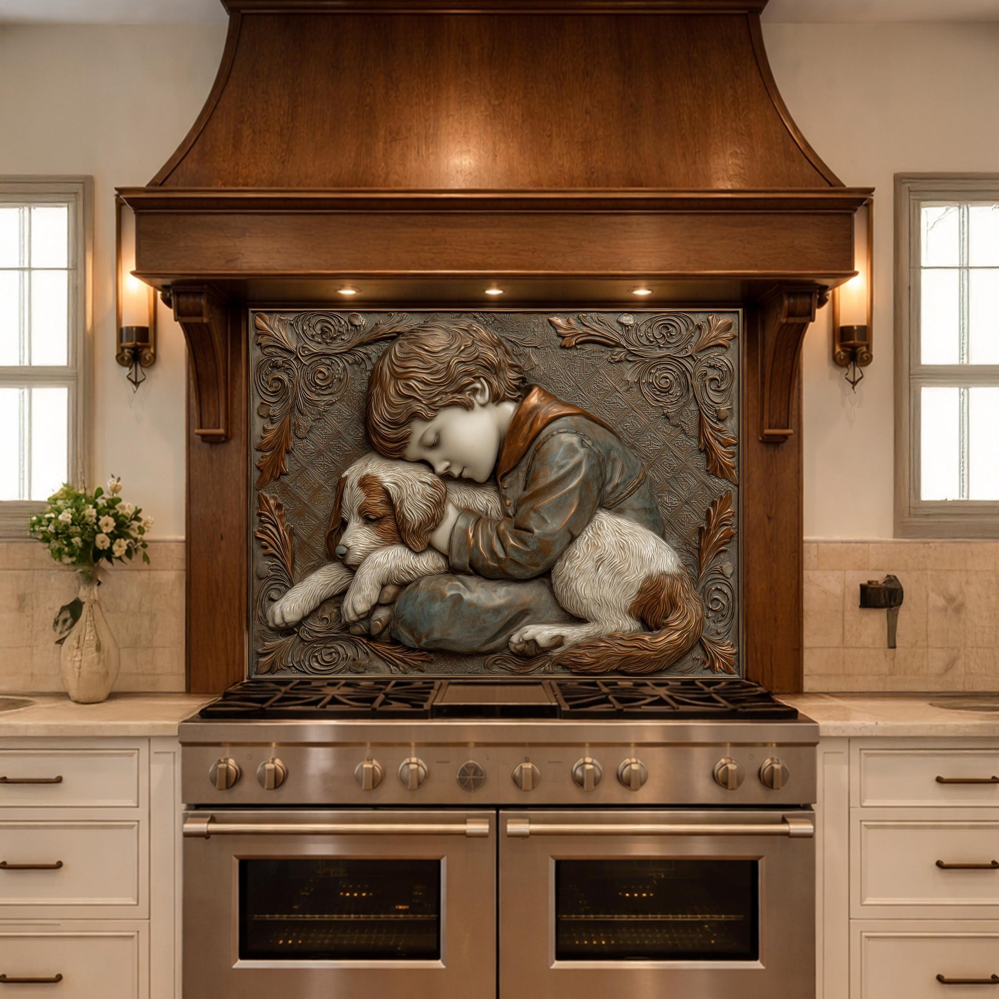 Young Boy and Puppy Tempered Glass Backsplash, Copper Relief Look Wall Panel, Stove Guard