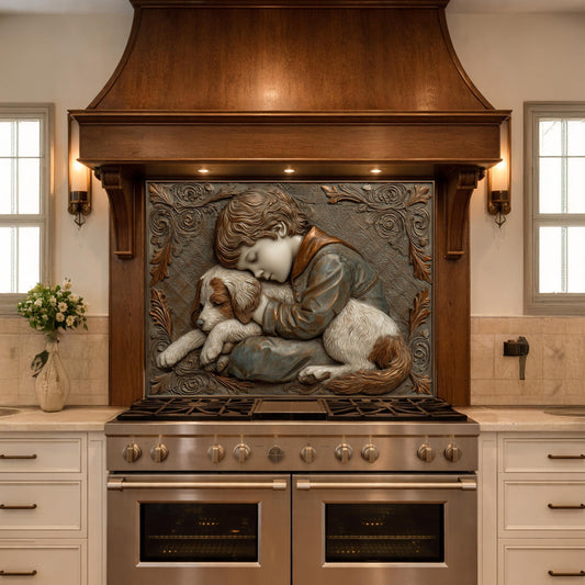 Young Boy and Puppy Tempered Glass Backsplash, Copper Relief Look Wall Panel, Stove Guard