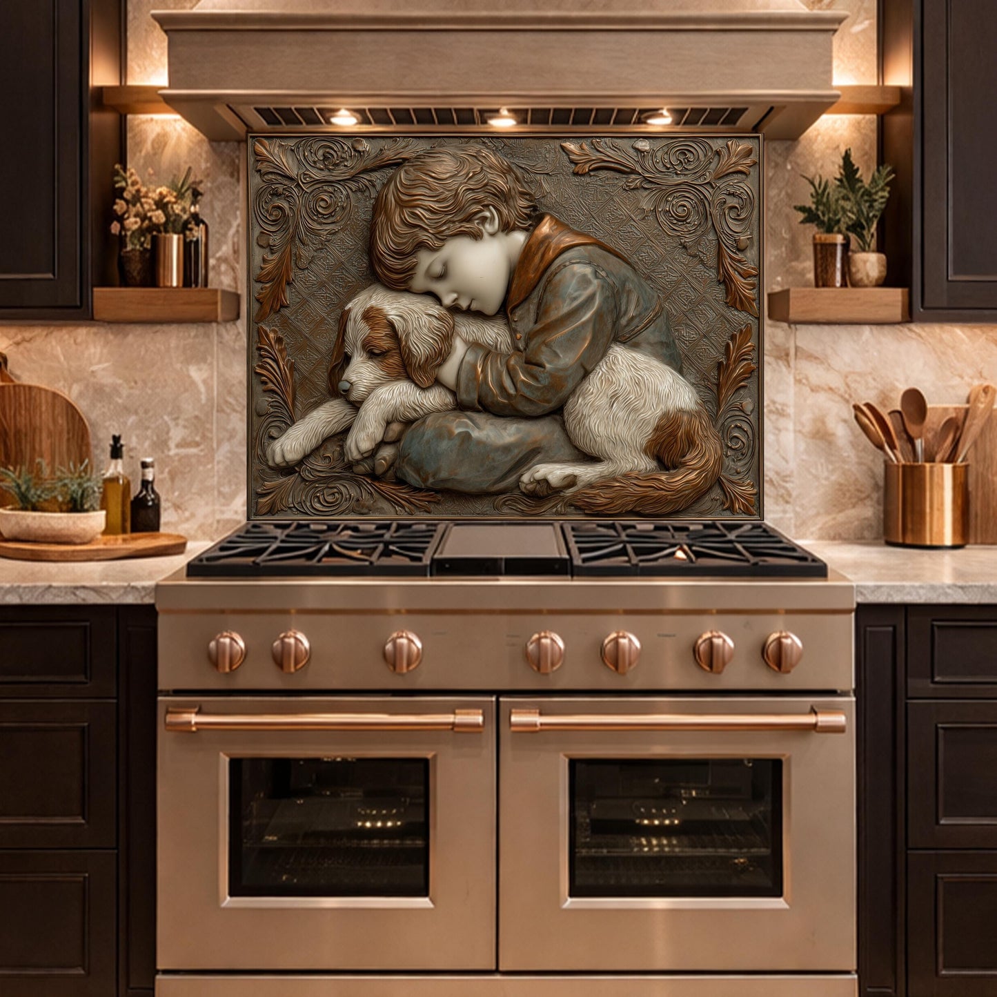 Young Boy and Puppy Tempered Glass Backsplash, Copper Relief Look Wall Panel, Stove Guard