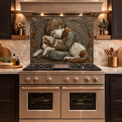 Young Boy and Puppy Tempered Glass Backsplash, Copper Relief Look Wall Panel, Stove Guard