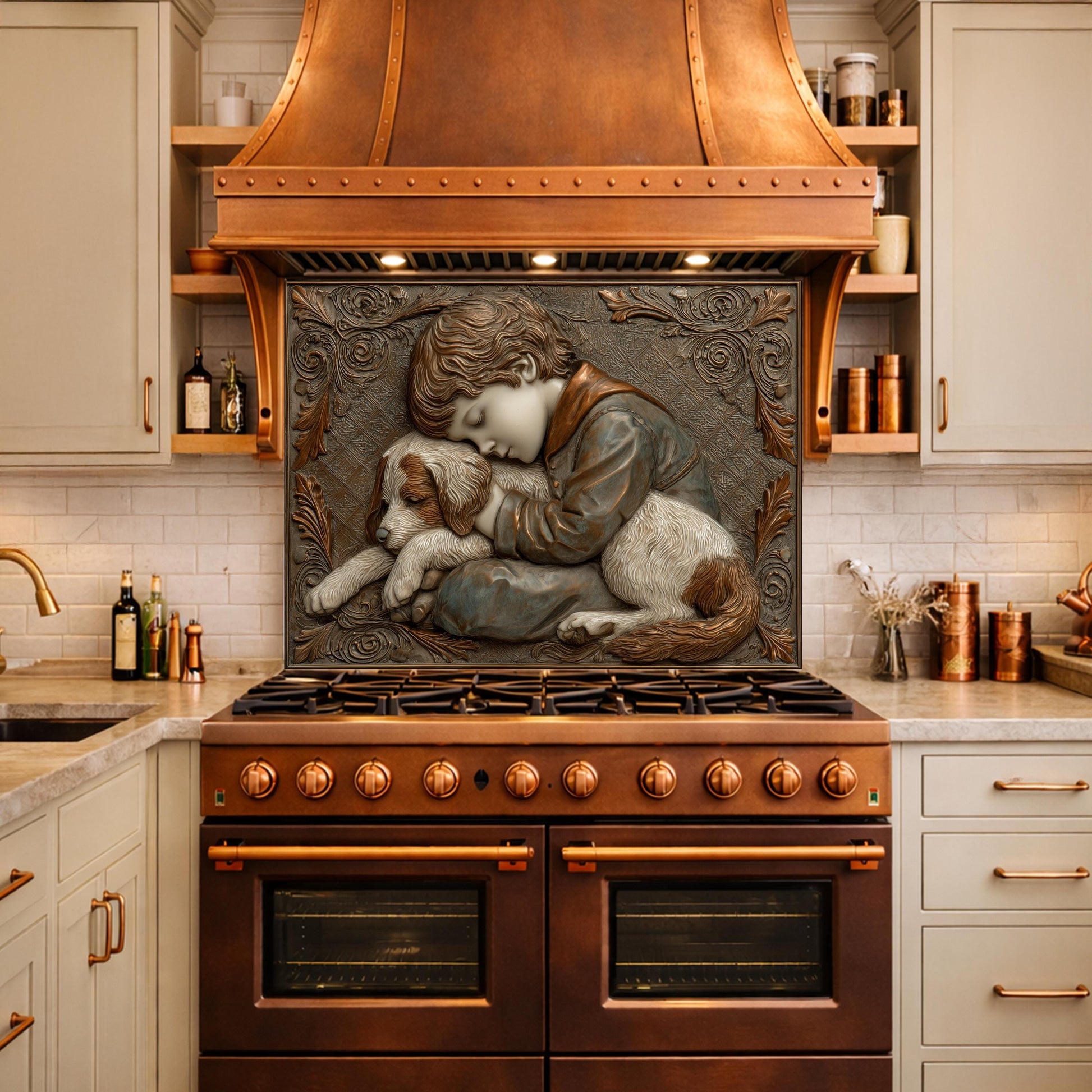 Young Boy and Puppy Tempered Glass Backsplash, Copper Relief Look Wall Panel, Stove Guard