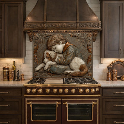 Young Boy and Puppy Tempered Glass Backsplash, Copper Relief Look Wall Panel, Stove Guard
