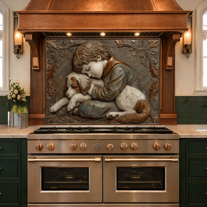 Young Boy and Puppy Tempered Glass Backsplash, Copper Relief Look Wall Panel, Stove Guard