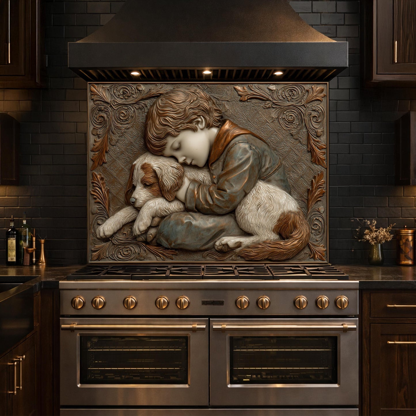 Young Boy and Puppy Tempered Glass Backsplash, Copper Relief Look Wall Panel, Stove Guard