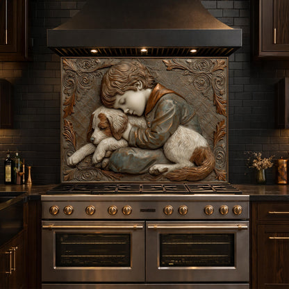 Young Boy and Puppy Tempered Glass Backsplash, Copper Relief Look Wall Panel, Stove Guard