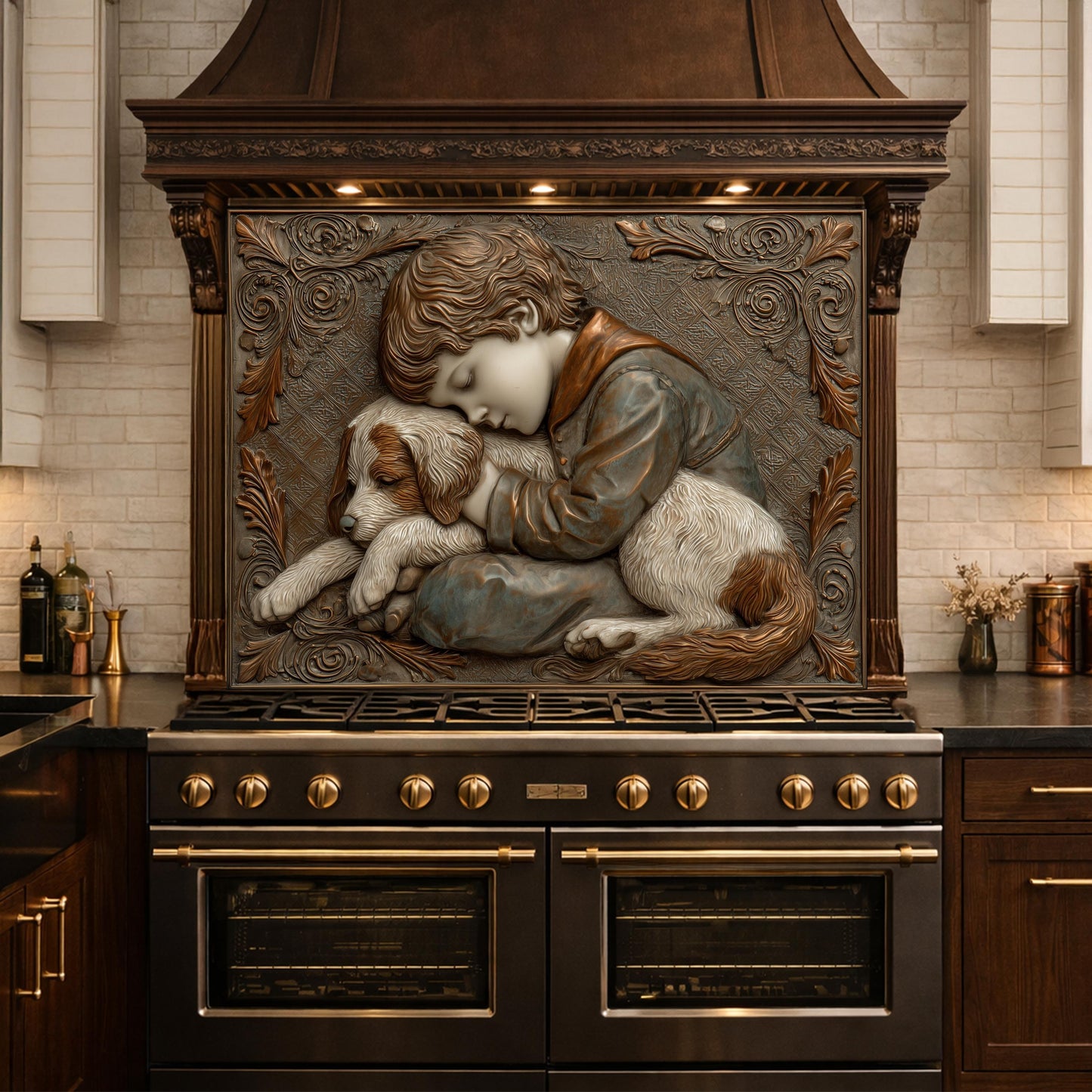 Young Boy and Puppy Tempered Glass Backsplash, Copper Relief Look Wall Panel, Stove Guard