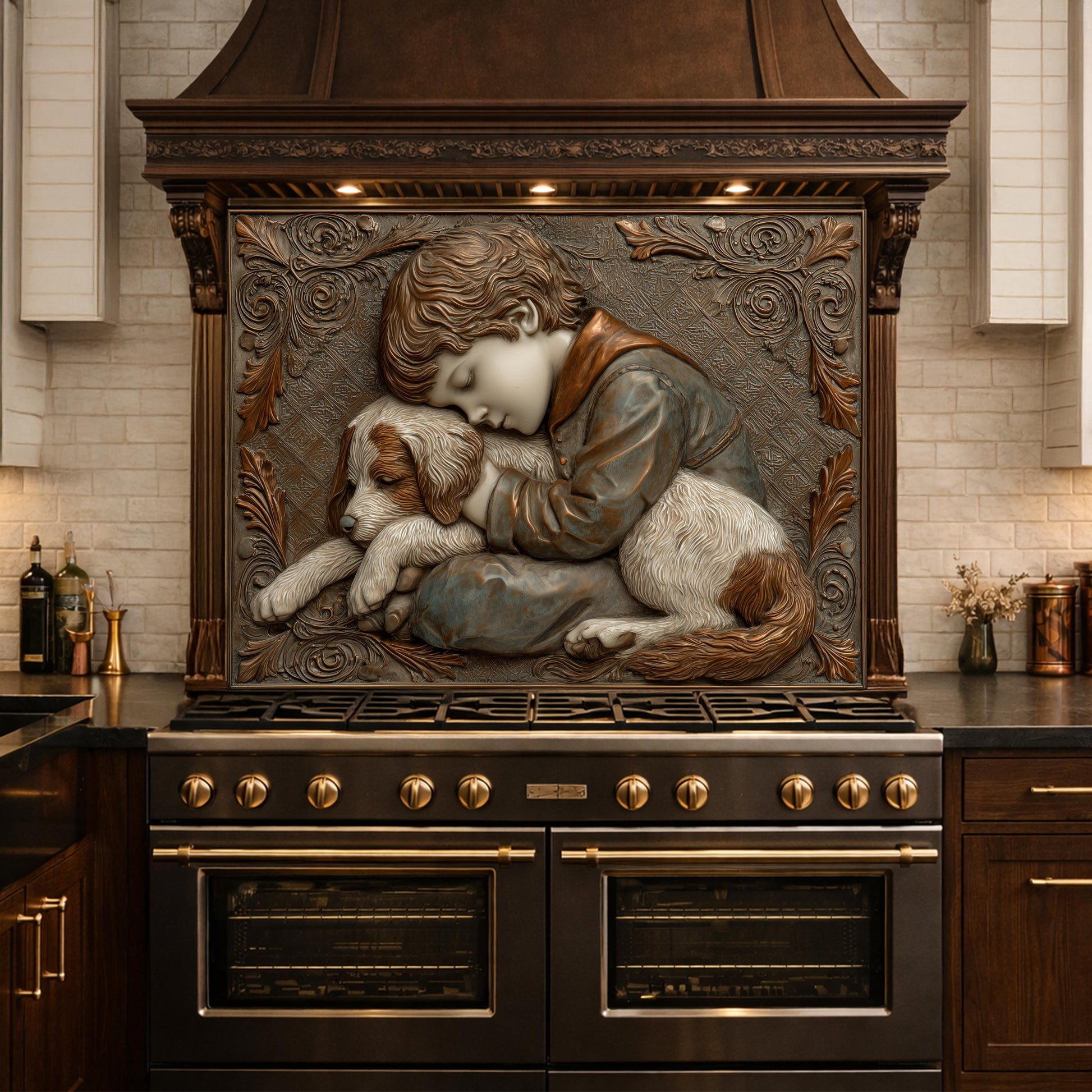 Young Boy and Puppy Tempered Glass Backsplash, Copper Relief Look Wall Panel, Stove Guard