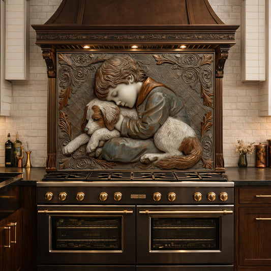 Young Boy and Puppy Tempered Glass Backsplash, Copper Relief Look Wall Panel, Stove Guard