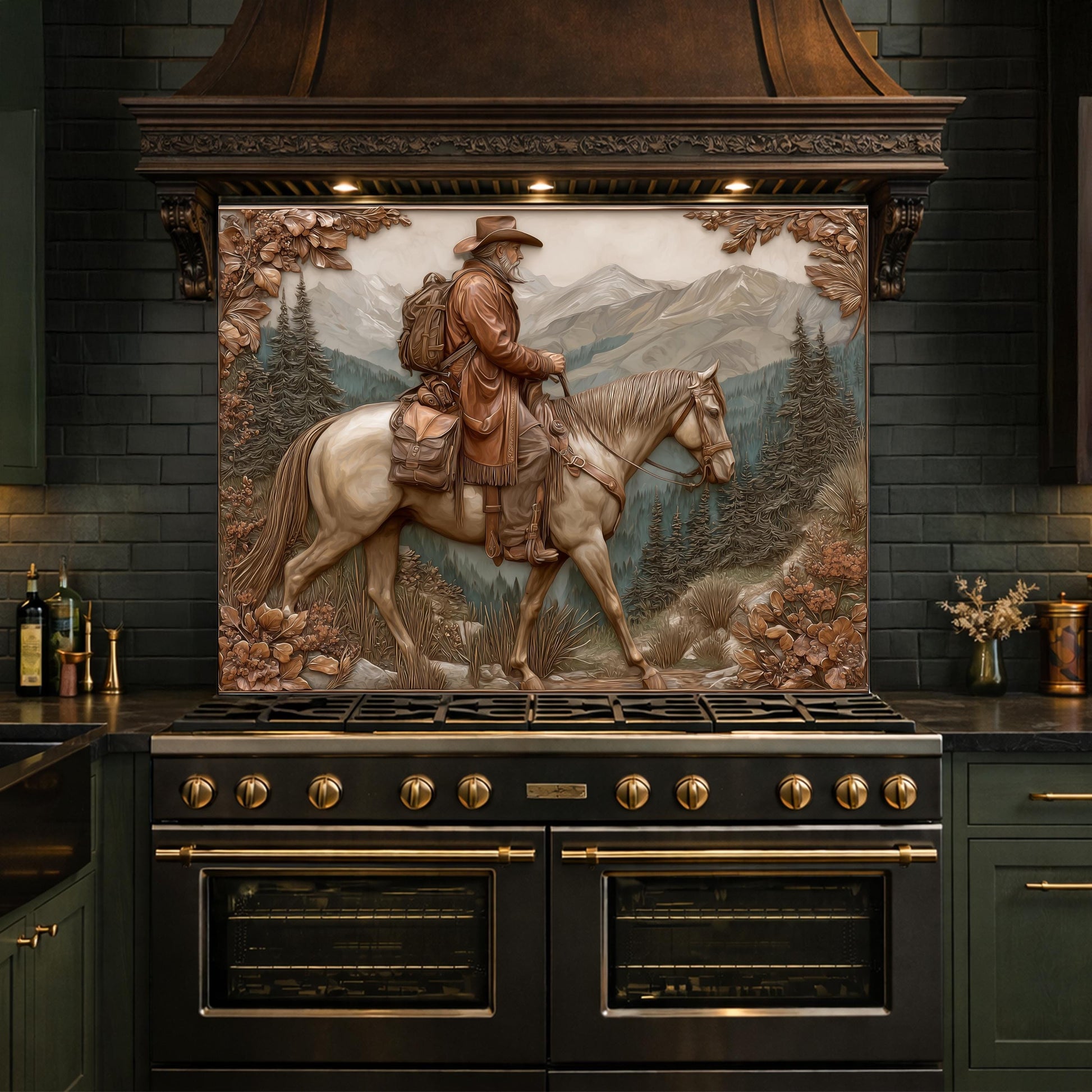 Mountain Traveler on Horseback Tempered Glass Backsplash, Copper Relief Look Wall Panel, Stove Guard