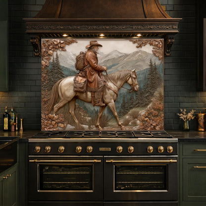 Mountain Traveler on Horseback Tempered Glass Backsplash, Copper Relief Look Wall Panel, Stove Guard