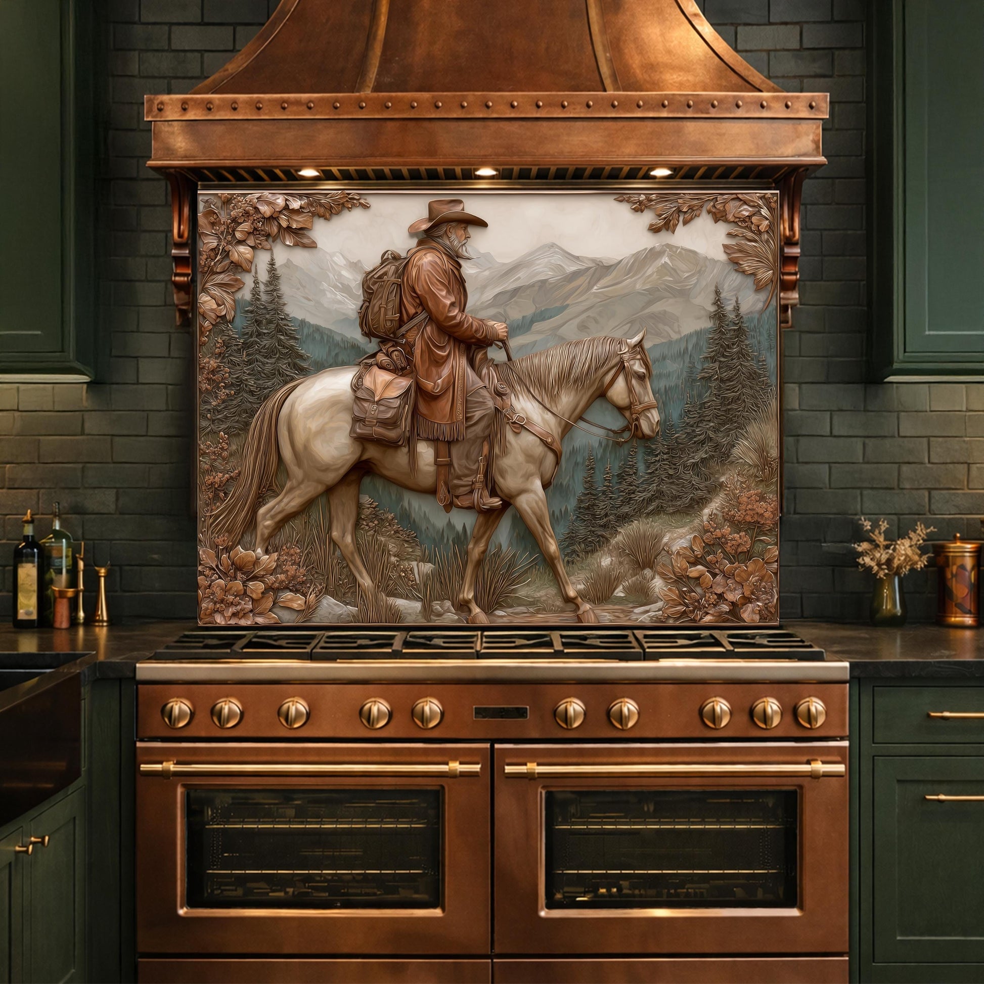Mountain Traveler on Horseback Tempered Glass Backsplash, Copper Relief Look Wall Panel, Stove Guard