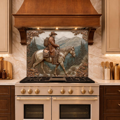 Mountain Traveler on Horseback Tempered Glass Backsplash, Copper Relief Look Wall Panel, Stove Guard