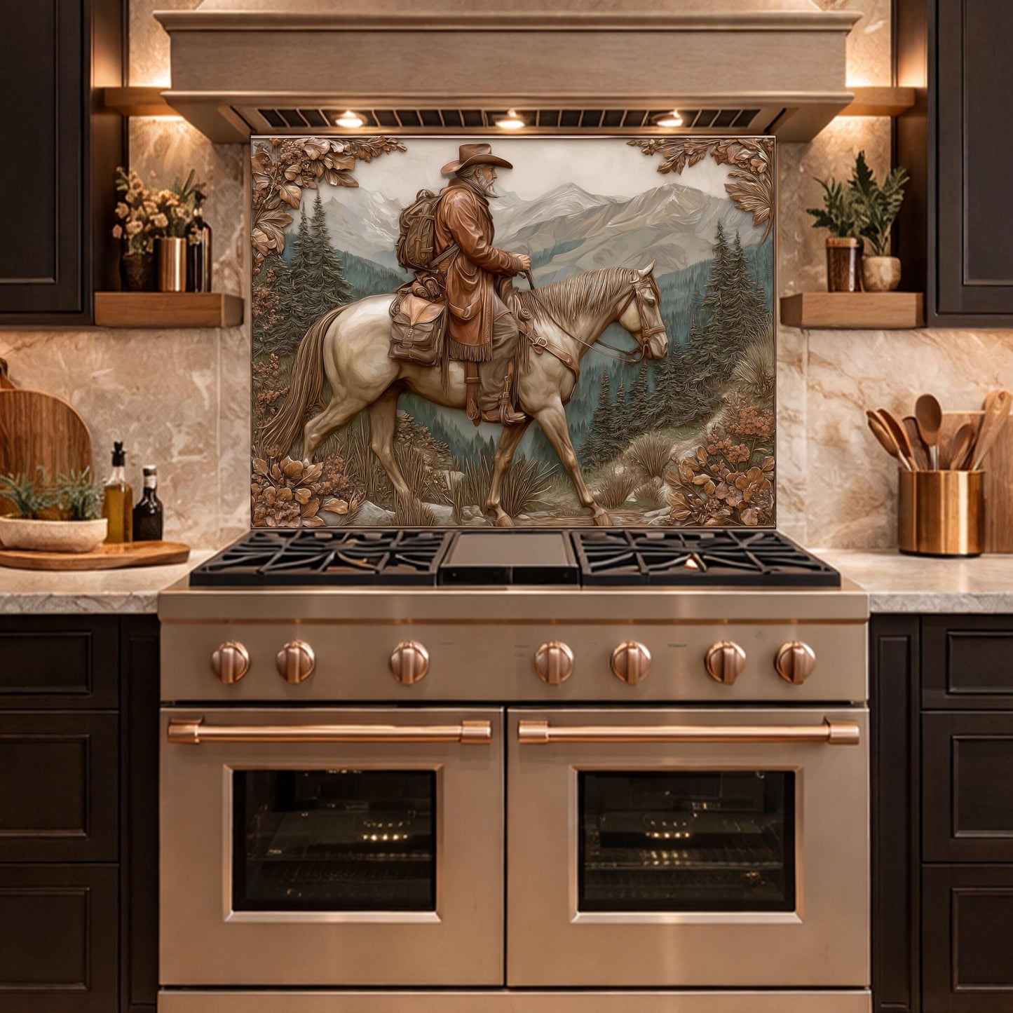 Mountain Traveler on Horseback Tempered Glass Backsplash, Copper Relief Look Wall Panel, Stove Guard