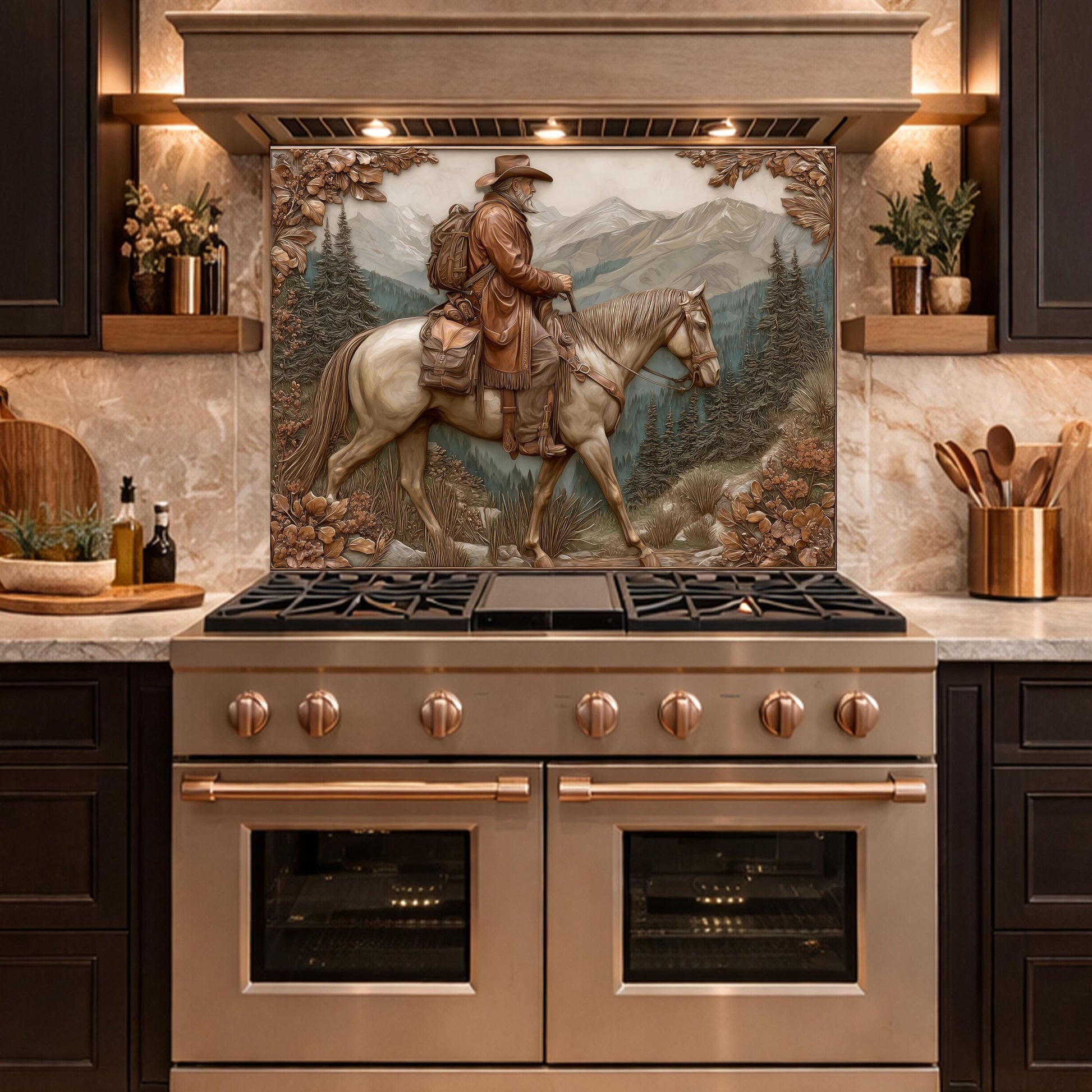 Mountain Traveler on Horseback Tempered Glass Backsplash, Copper Relief Look Wall Panel, Stove Guard