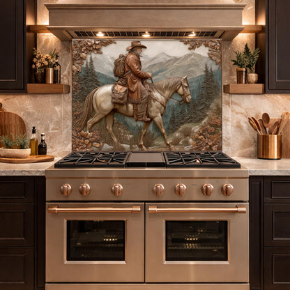 Mountain Traveler on Horseback Tempered Glass Backsplash, Copper Relief Look Wall Panel, Stove Guard