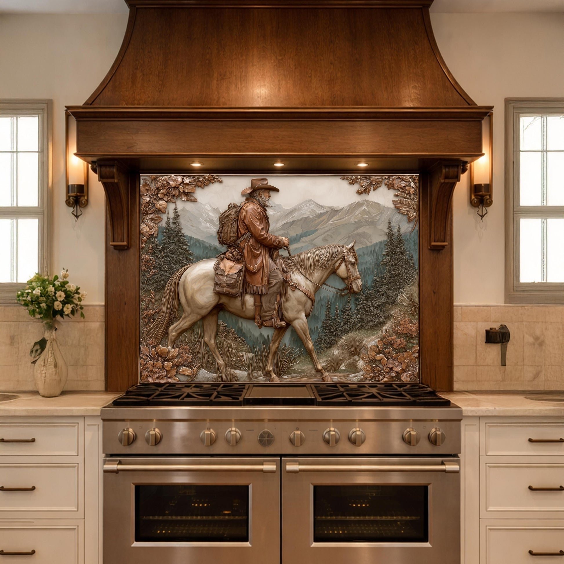 Mountain Traveler on Horseback Tempered Glass Backsplash, Copper Relief Look Wall Panel, Stove Guard