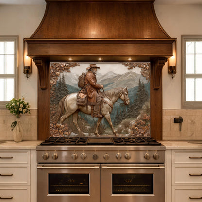 Mountain Traveler on Horseback Tempered Glass Backsplash, Copper Relief Look Wall Panel, Stove Guard