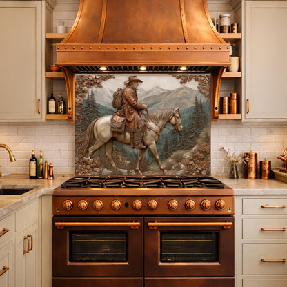 Mountain Traveler on Horseback Tempered Glass Backsplash, Copper Relief Look Wall Panel, Stove Guard