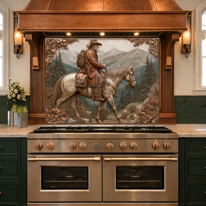 Mountain Traveler on Horseback Tempered Glass Backsplash, Copper Relief Look Wall Panel, Stove Guard