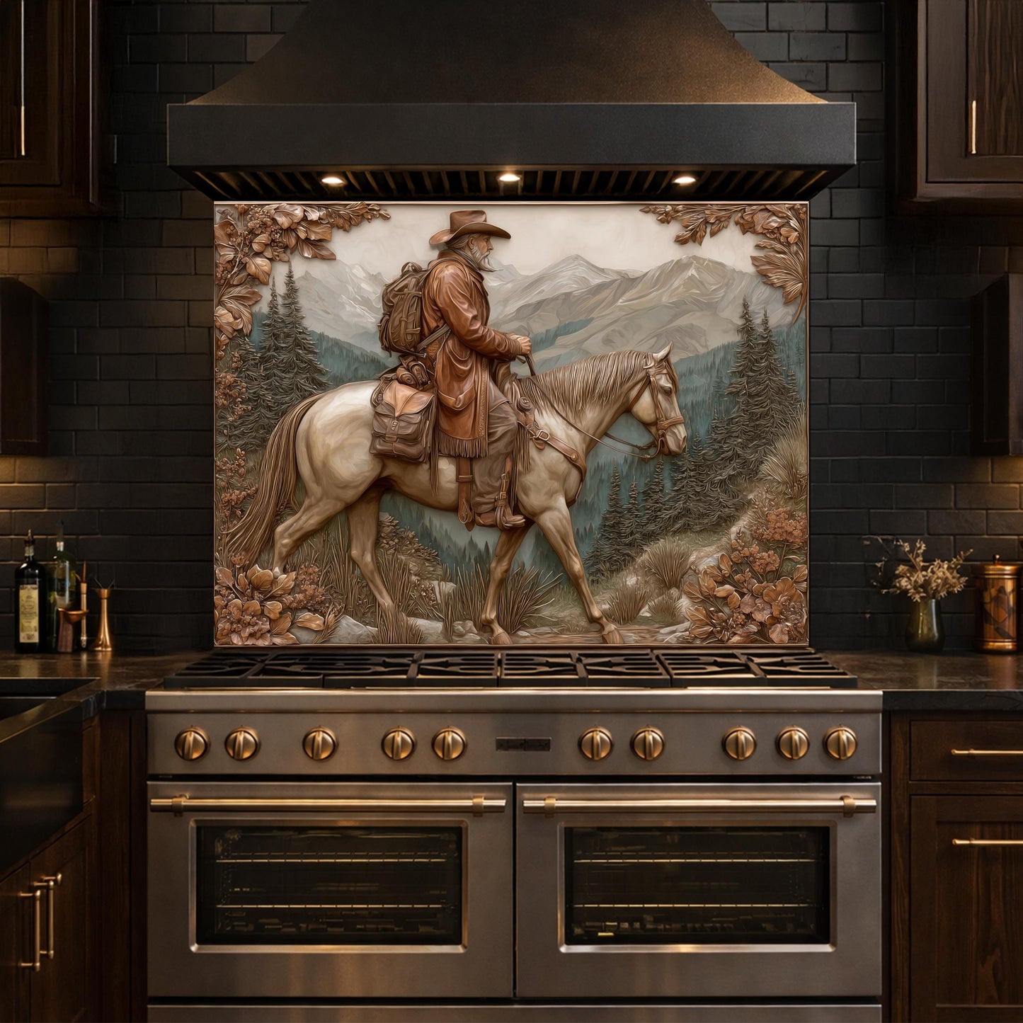 Mountain Traveler on Horseback Tempered Glass Backsplash, Copper Relief Look Wall Panel, Stove Guard