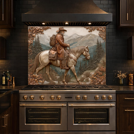 Mountain Traveler on Horseback Tempered Glass Backsplash, Copper Relief Look Wall Panel, Stove Guard