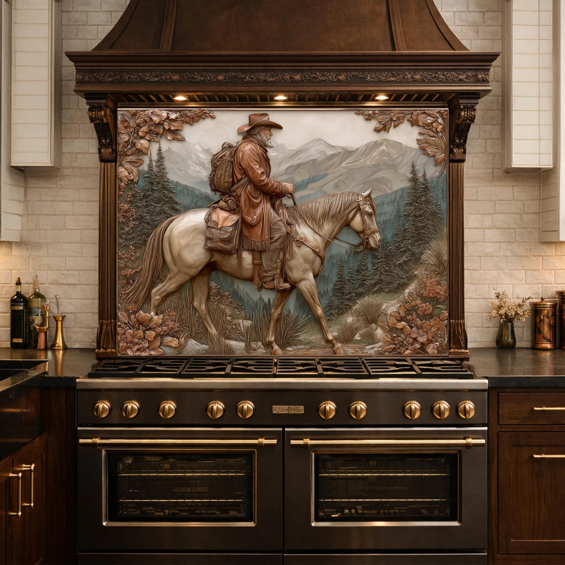 Mountain Traveler on Horseback Tempered Glass Backsplash, Copper Relief Look Wall Panel, Stove Guard